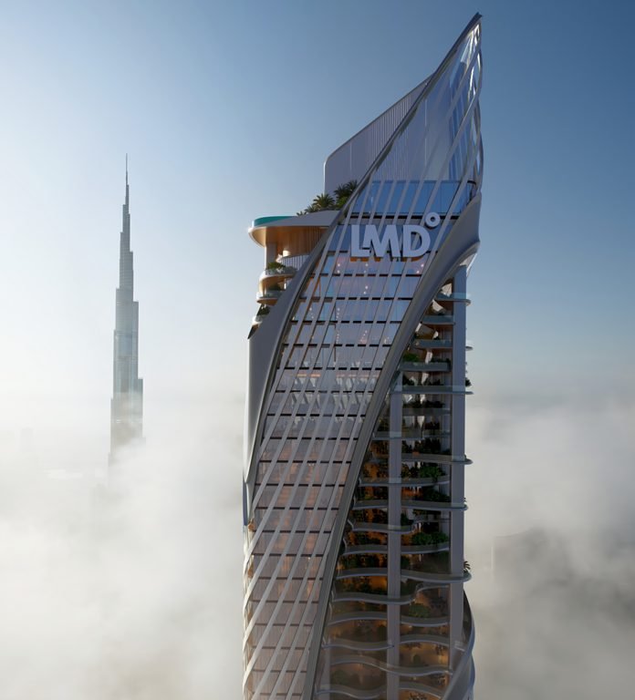 The tower's sculpted glass crown beside Burj Khalifa